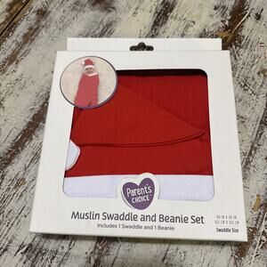 NEW Parents Choice Muslin Swaddle and Beanie Red Cotton Infant Newborn Santa Set